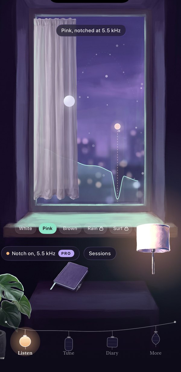 The Nighthum Listen screen: a painted bedroom at night with the sound spectrum in the window and the pitch as one lit window